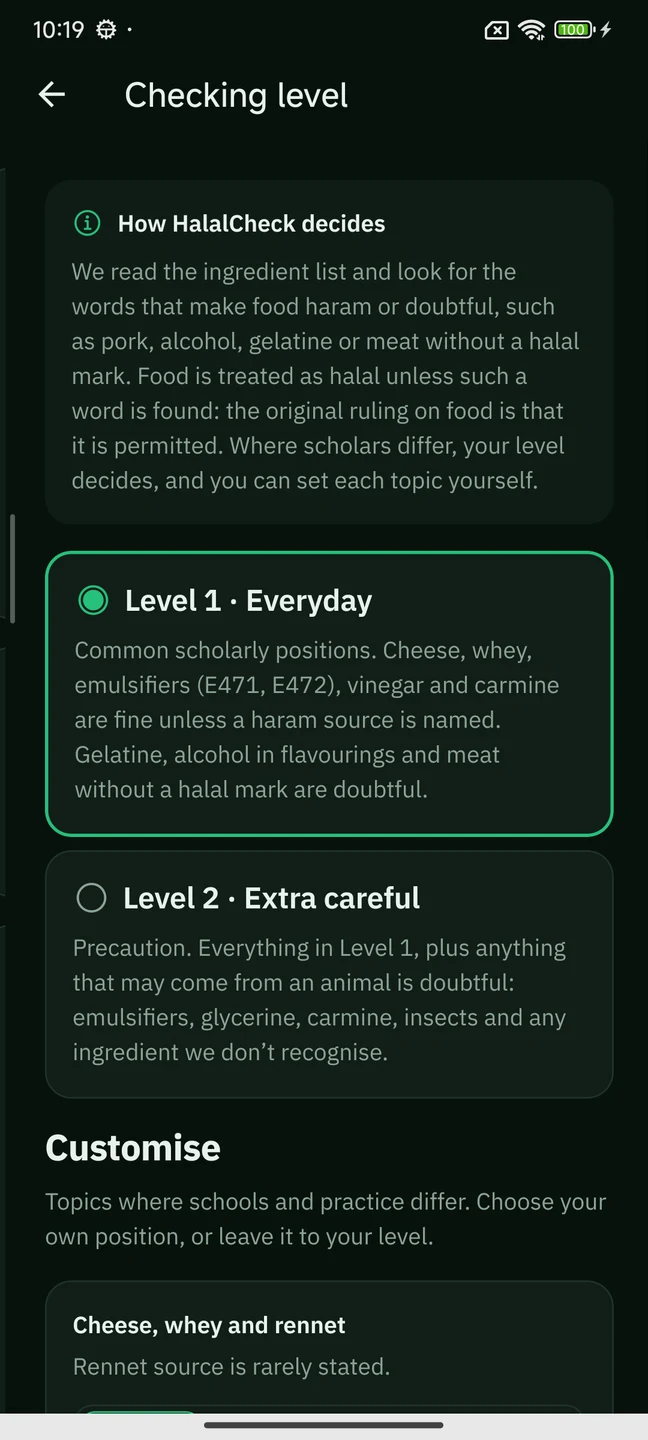 HalalCheck checking-level settings showing Everyday and Extra careful options