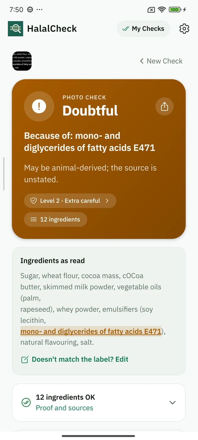 HalalCheck result highlighting E471 as doubtful at checking level 2, with the ingredient list and explanation