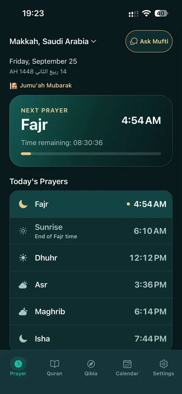 Salat iOS prayer times and next-prayer countdown