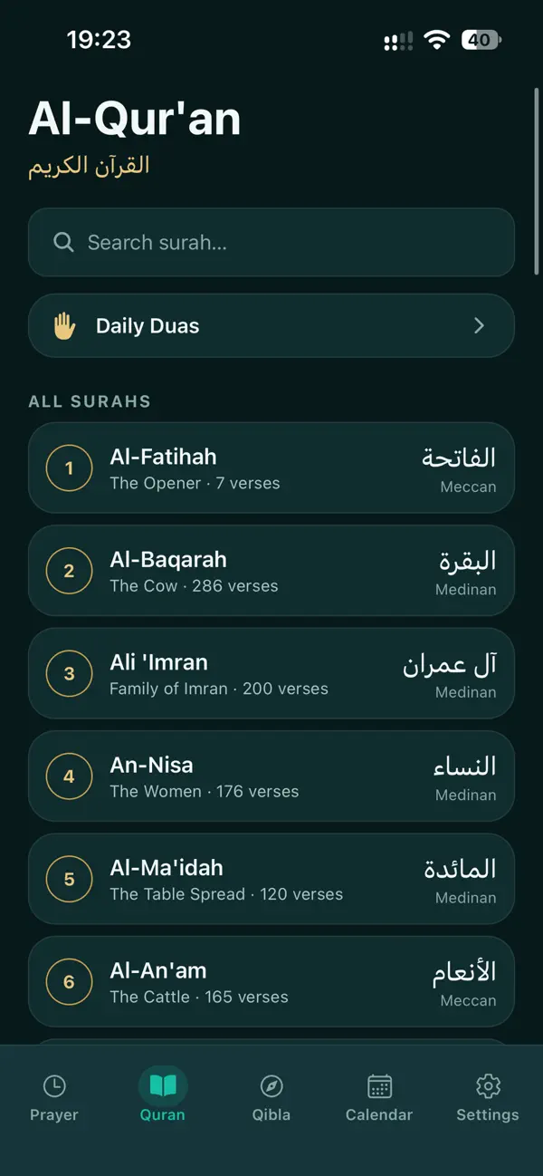 Salat iOS quran surah list