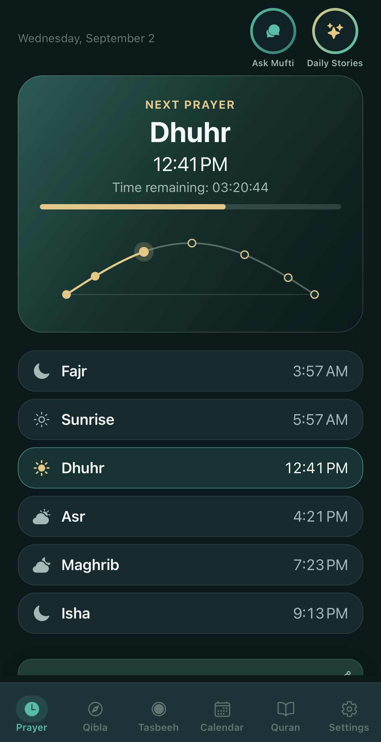 Salat prayer times screen